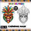 Coloring page featuring a vibrant carnival mask design, promoting artcoloringpage.com and cozy coloring book themes.