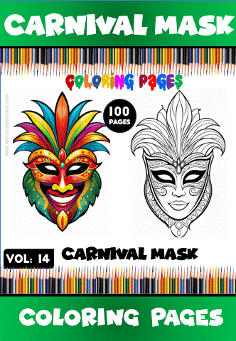 Coloring page featuring a vibrant carnival mask design, promoting artcoloringpage.com and cozy coloring book themes.