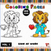 A colorful coloring page featuring two cartoon lions: one in a doctor's coat holding a heart and another in a similar pose, with vibrant markers along the bottom.