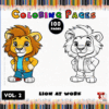 A cartoon lion character dressed in a jacket next to a black-and-white outline for coloring, with colorful pencils in the background.