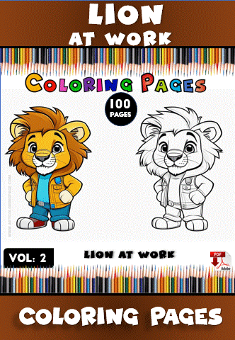 A cartoon lion character dressed in a jacket next to a black-and-white outline for coloring, with colorful pencils in the background.