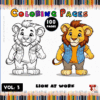 Two cartoon lions in different styles: one outlined for coloring, the other colored, both wearing shirts and smiling.