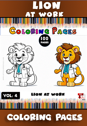Two cartoon lions dressed as doctors, one in a white coat with glasses and the other with a mane, both smiling. Colorful pencils border the page.