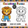 Two cartoon lions in overalls, one colored in yellow and brown, the other in black and white, with colorful pencils as a background.