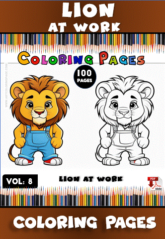 Two cartoon lions in overalls, one colored in yellow and brown, the other in black and white, with colorful pencils as a background.