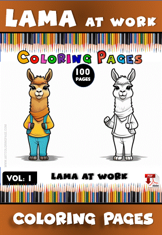 Two cartoon llamas, one colored and one black and white, with "LAMA AT WORK" and "COLORING PAGES" text above, surrounded by colored pencils.