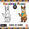 A coloring page featuring a cartoon llama in two styles: an outline version and a colored version, both wearing a scarf.