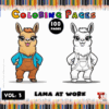 Two cartoon llamas dressed in overalls, one brown and one white, feature on a colorful coloring book cover titled 