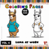 A colorful illustration featuring two llamas; one in a blue sweater and the other outlined for coloring, with text about a coloring book.