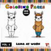 Coloring page featuring a cartoon llama in two versions: one outline for coloring and the other fully colored, wearing a brown jacket.