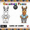 A playful illustration of two llamas dressed in blue shirts, set against a colorful border of pencils, promoting a coloring book titled 