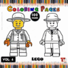LEGO coloring page featuring two minifigure designs, one color and one black and white, ideal for a cozy coloring book.