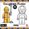 Two LEGO characters are featured on a coloring page; one is fully colored while the other is a blank outline ready for coloring.