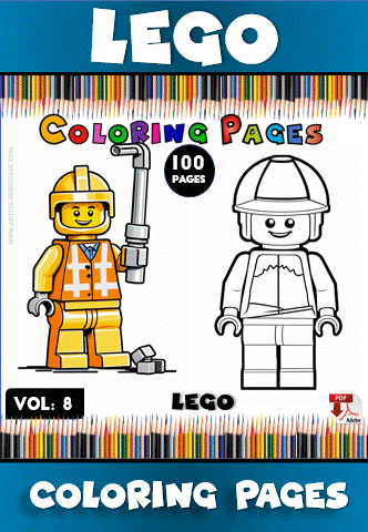 Two LEGO characters are featured on a coloring page; one is fully colored while the other is a blank outline ready for coloring.