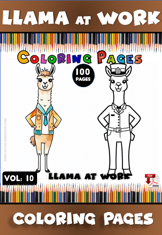 Two cartoon llamas dressed for work, one wearing a vest and the other with a camera, surrounded by colorful pencils and labeled "Coloring Pages."
