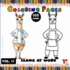 Two llamas dressed as chefs, one in a colorful, detailed style and the other as an outline for coloring, set against a background of colored pencils.