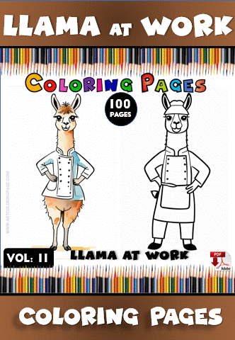 Two llamas dressed as chefs, one in a colorful, detailed style and the other as an outline for coloring, set against a background of colored pencils.