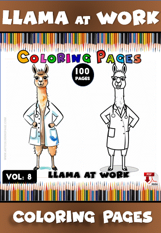 A humorous illustration featuring two llamas in lab coats, labeled "Llama at Work," designed for a coloring page.