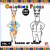 A coloring page featuring two llamas dressed in business attire, one colored and the other outlined for coloring, with colored pencils in the background.