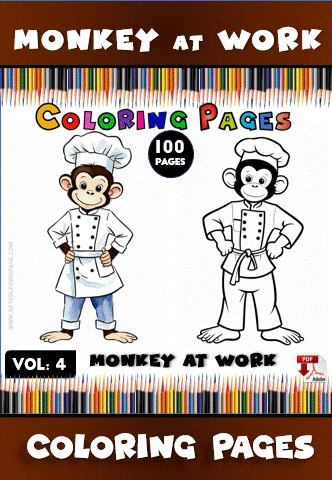 A cheerful monkey in a chef's outfit, surrounded by colorful pencils, featured on a cozy coloring page from artcoloringpage.com.