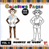 A colorful illustration of a monkey character in a work outfit, alongside a black-and-white version for coloring, highlighting cozy coloring pages.