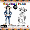 A monkey in a suit and a cartoon-style monkey in casual attire, both illustrated for coloring pages, with a colorful pencil border.
