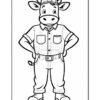A cartoon cow character wearing a collared shirt and overalls, standing with hands on hips, showcasing a playful and cheerful demeanor.