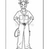 A cartoon cow standing confidently with hands on hips, wearing a work uniform that includes a button-up shirt with two pockets and a pair of pants with pockets, complemented by a cap and a hose attached at the waist, set against a simple white background.