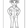 A cartoon cow character standing confidently with hands on hips, wearing a cap and a short-sleeved shirt with pockets and pants, in a black and white coloring page style.