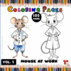 A colorful promotional image for a mouse-themed coloring book featuring a cartoon mouse character in a lab coat, with a coloring page beside it.