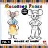 A colorful title card for a mouse-themed coloring book, featuring a mouse in a dress and another in a shirt, with 