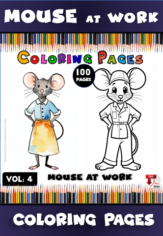 A colorful title card for a mouse-themed coloring book, featuring a mouse in a dress and another in a shirt, with "Mouse at Work" and "Coloring Pages" text.