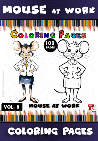 Two cartoon mice dressed in work attire on a coloring page. One mouse is in color wearing a suit, while the other is a black-and-white outline for coloring.