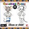 Coloring page featuring two cartoon mice in lab coats, one colored and the other outlined for coloring, with colorful pencils in the background.