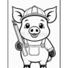 A cartoon pig wearing a construction helmet and overalls, holding a pencil in one hand, with a cheerful expression and large eyes.