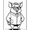 A cartoon pig character wearing glasses and a suit, standing confidently with its hands in the pockets, in a simple black and white style.