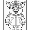 A cartoon pig wearing a cap and glasses, dressed in a zippered jacket. The pig stands upright, smiling, with its arms at its sides. The illustration is in black and white, designed for coloring.