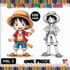 Colorful illustration featuring characters from One Piece, promoting a cozy coloring book with 100 pages from artcoloringpage.com.