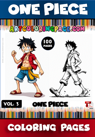 Coloring page from artcoloringpage.com featuring characters from One Piece in a cozy coloring book style, with a mix of colored and black-and-white designs.
