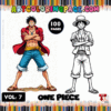 Coloring page featuring characters from One Piece with a title indicating 100 pages available on artcoloringpage.com for a cozy coloring book.
