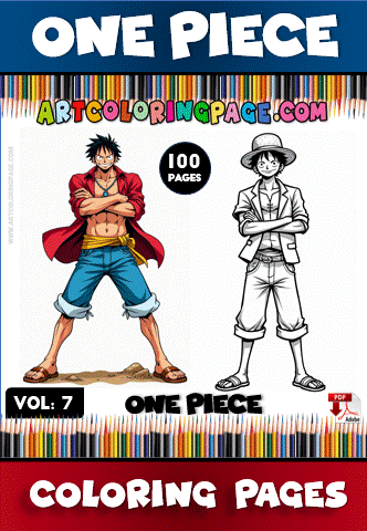 Coloring page featuring characters from One Piece with a title indicating 100 pages available on artcoloringpage.com for a cozy coloring book.