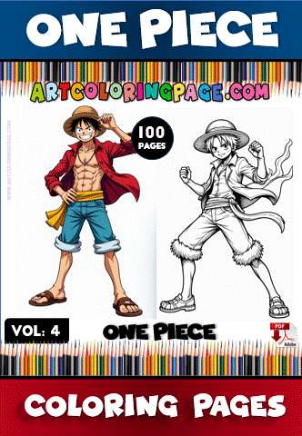 Two characters from One Piece are featured in a vibrant cozy coloring book cover with text highlighting 100 pages from artcoloringpage.com.