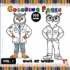 Owl wearing a lab coat and glasses next to a line art version, promoting coloring pages for artcoloringpage.com featuring cozy coloring book themes.