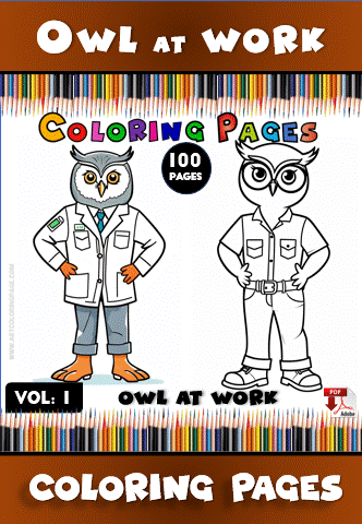 Owl wearing a lab coat and glasses next to a line art version, promoting coloring pages for artcoloringpage.com featuring cozy coloring book themes.