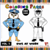 Owl coloring page featuring a cartoon owl in a police uniform, part of a cozy coloring book collection on artcoloringpage.com.