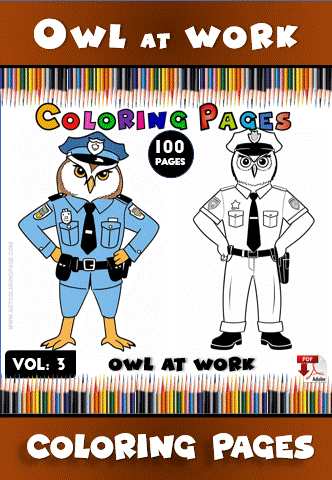 Owl coloring page featuring a cartoon owl in a police uniform, part of a cozy coloring book collection on artcoloringpage.com.
