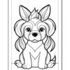 A cartoon-style line drawing of a fluffy dog with long ears and a cute expression, sitting upright against a blank background, suitable for coloring.