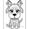 A cartoon-style black and white illustration of a sitting dog with large expressive eyes and a textured fur pattern, wearing a collar with a tag.