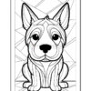 A black and white illustration of a stylized dog sitting, featuring bold lines and geometric patterns in the background.