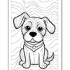 A black and white line drawing of a sitting dog with big eyes, wearing a collar, against a background of wavy lines.